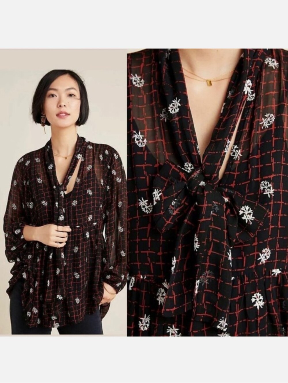 Anthropologie Not So Serious Sheer Tie Blouse Women's M Long Sleeve Boho - Picture 3 of 7